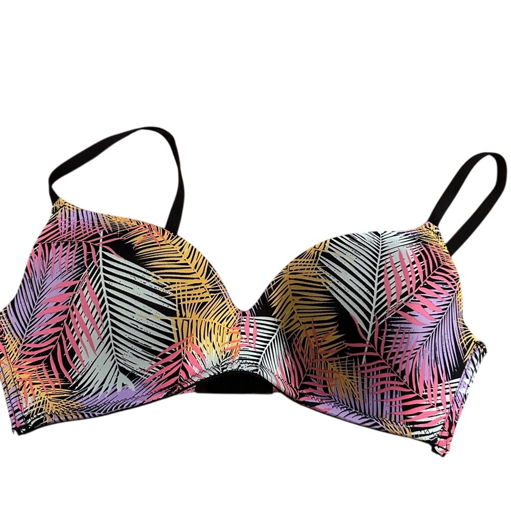 Palm Leaf Print Bra Black‎ Tropical Pink Yellow Lined Adjustable Straps